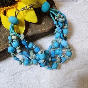 Multi-Strand Blue Turquoise Glass And Stone Beaded Bracelet